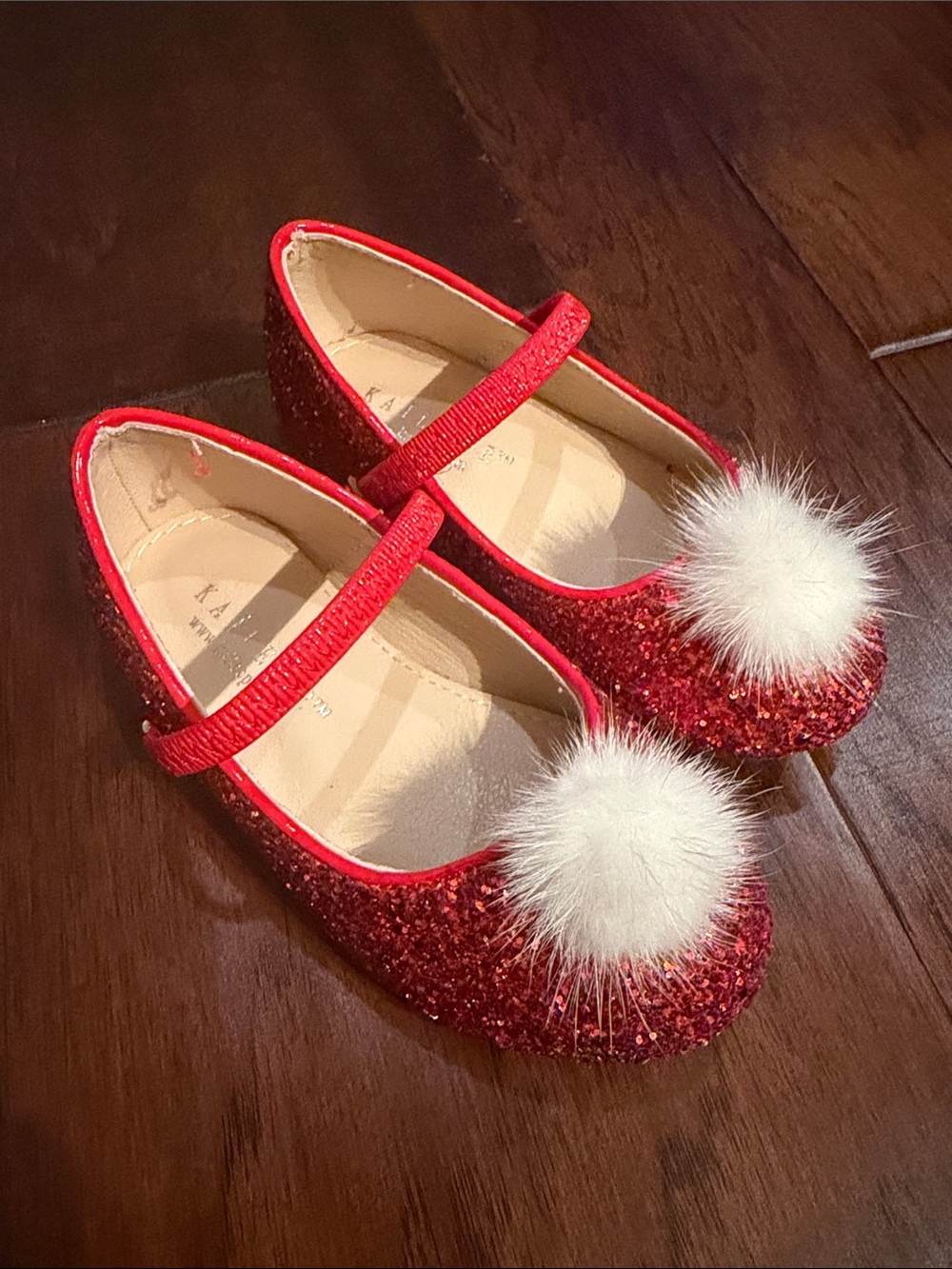 Girls Red Glitter Mary Jane Dress Shoes with White Pom Accent